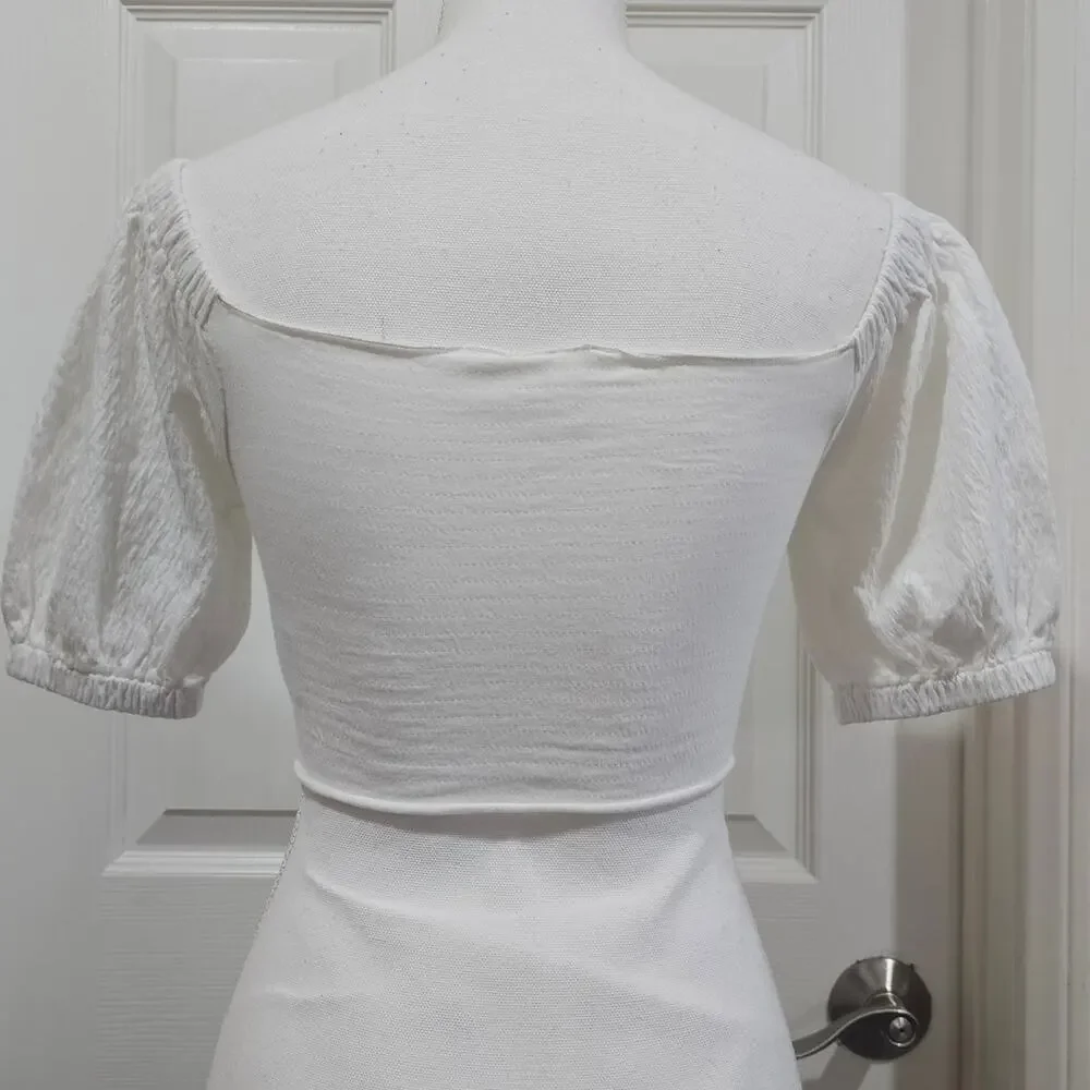 ROXY White Milkmaid Ruched Crop Top Puff Sleeve XS Cottagecore - Picture 3 of 8
